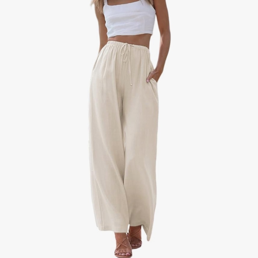 Cotton Linen Summer Palazzo Pants Flowy Wide Leg Beach Trousers with Pockets